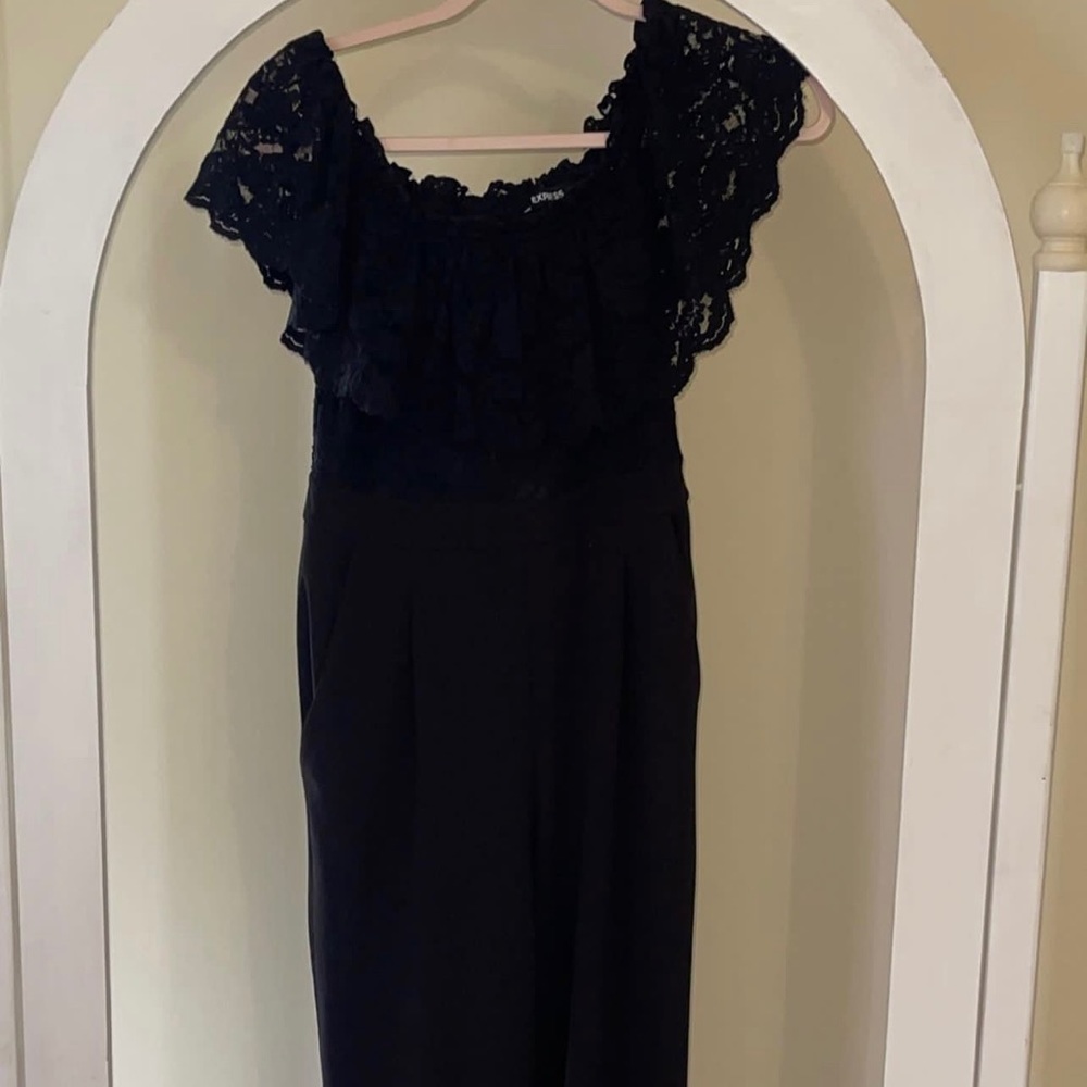Express black off the shoulder pant suit